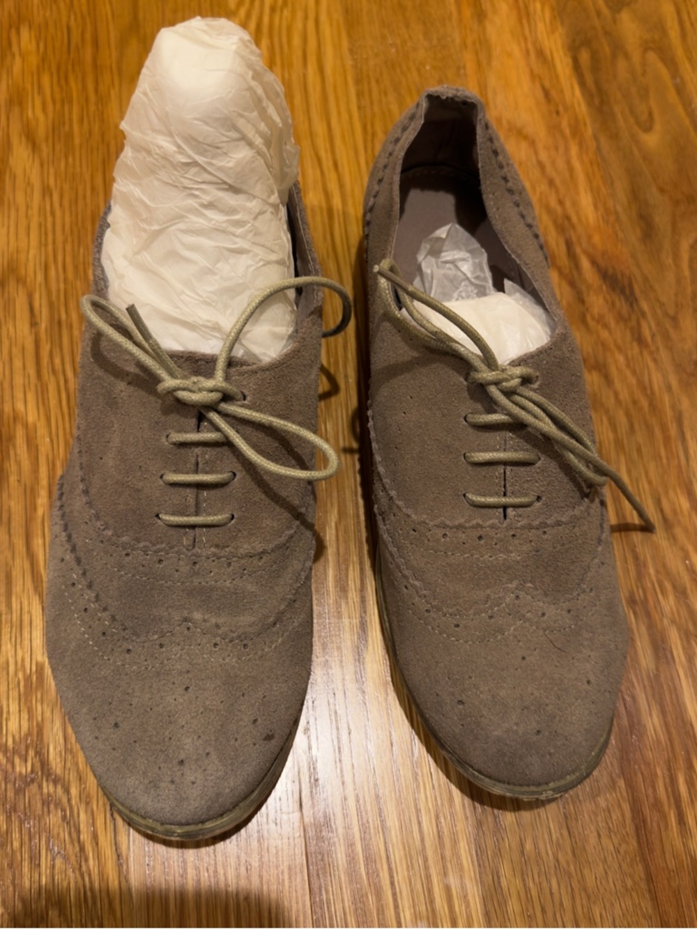 Suede Wingtip Lace-Up Flats in Taupe Suede
